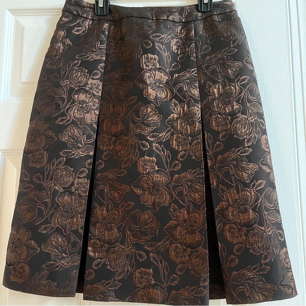 Vintage Kate Hill Pleated A-Line Skirt – Metallic Brown on Black – Size 6P
